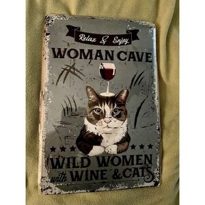 Cats and Wine‎ Sign Woman Cave Metal Plaque NWT